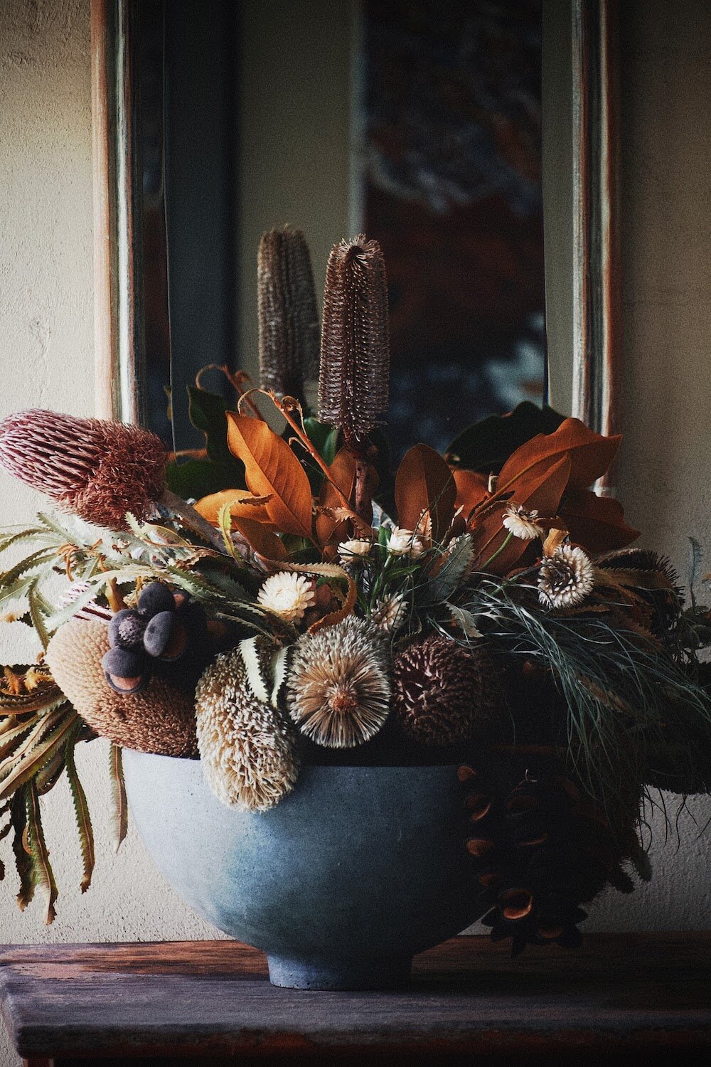 Large banksia arrangement on table.